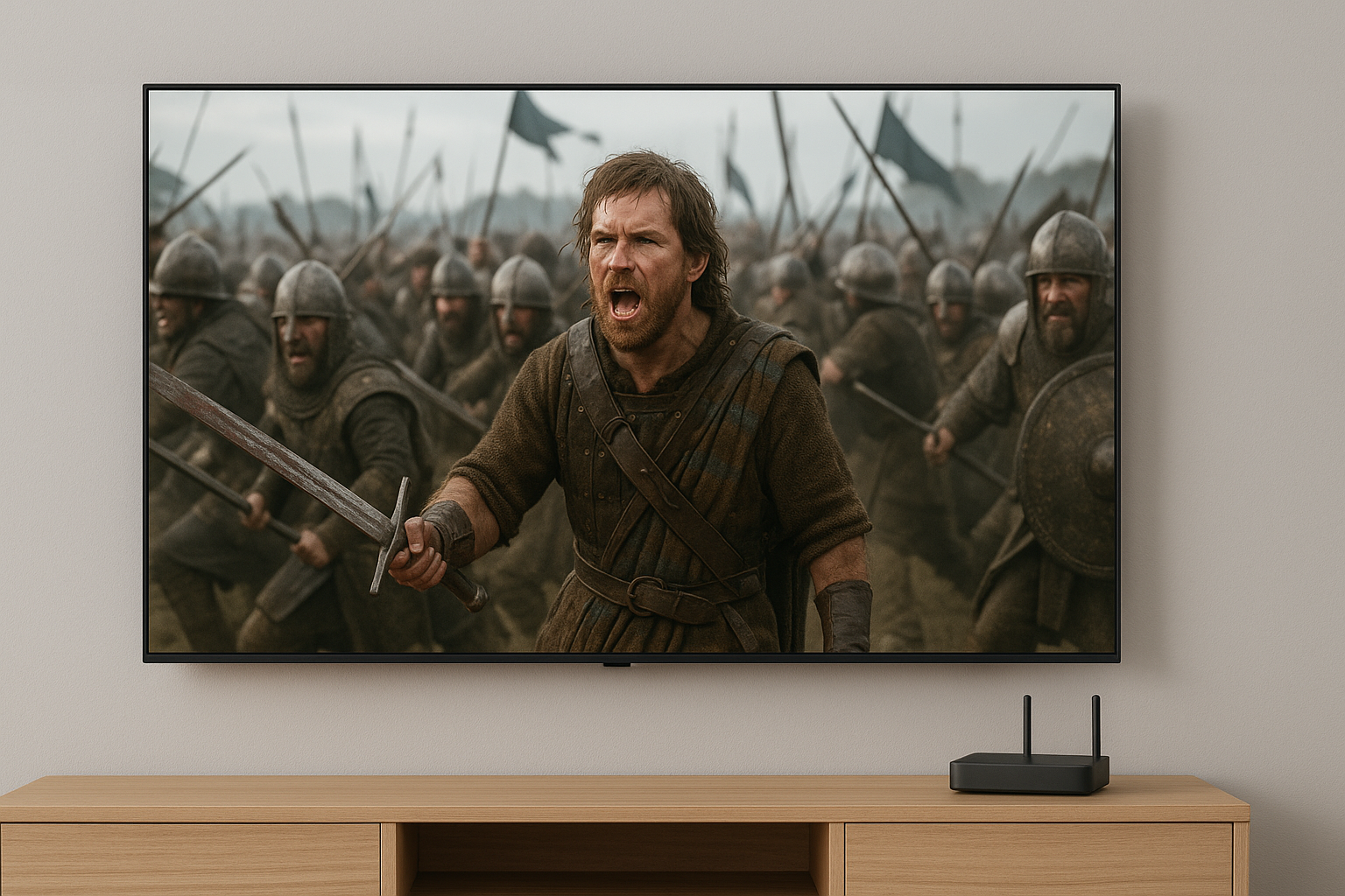 TV exibindo cena de batalha romana com roteador branco ao lado